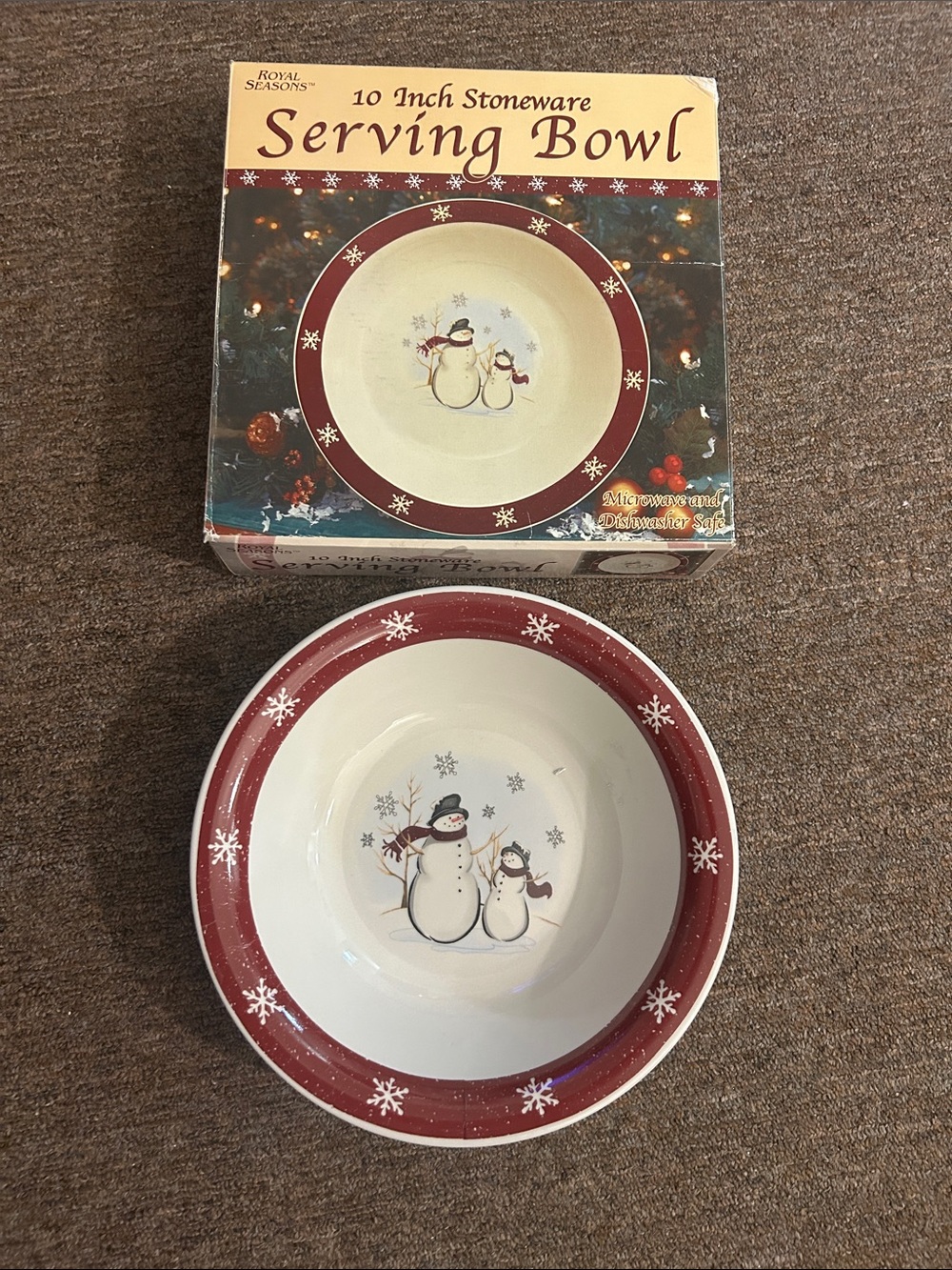 Retired. New in Box Red and Cream 10" Stoneware Serving Bowl - Snowman Design
